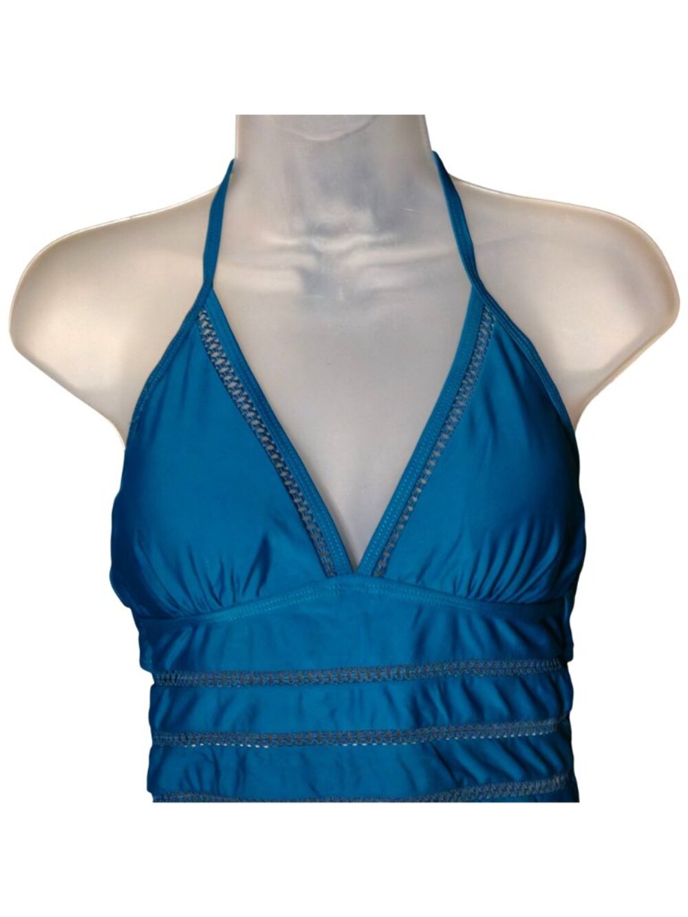 Blue One-Piece Swimsuit LG Halter Lace Cutout V Neck Adjustable Strap Lined - Picture 2 of 8